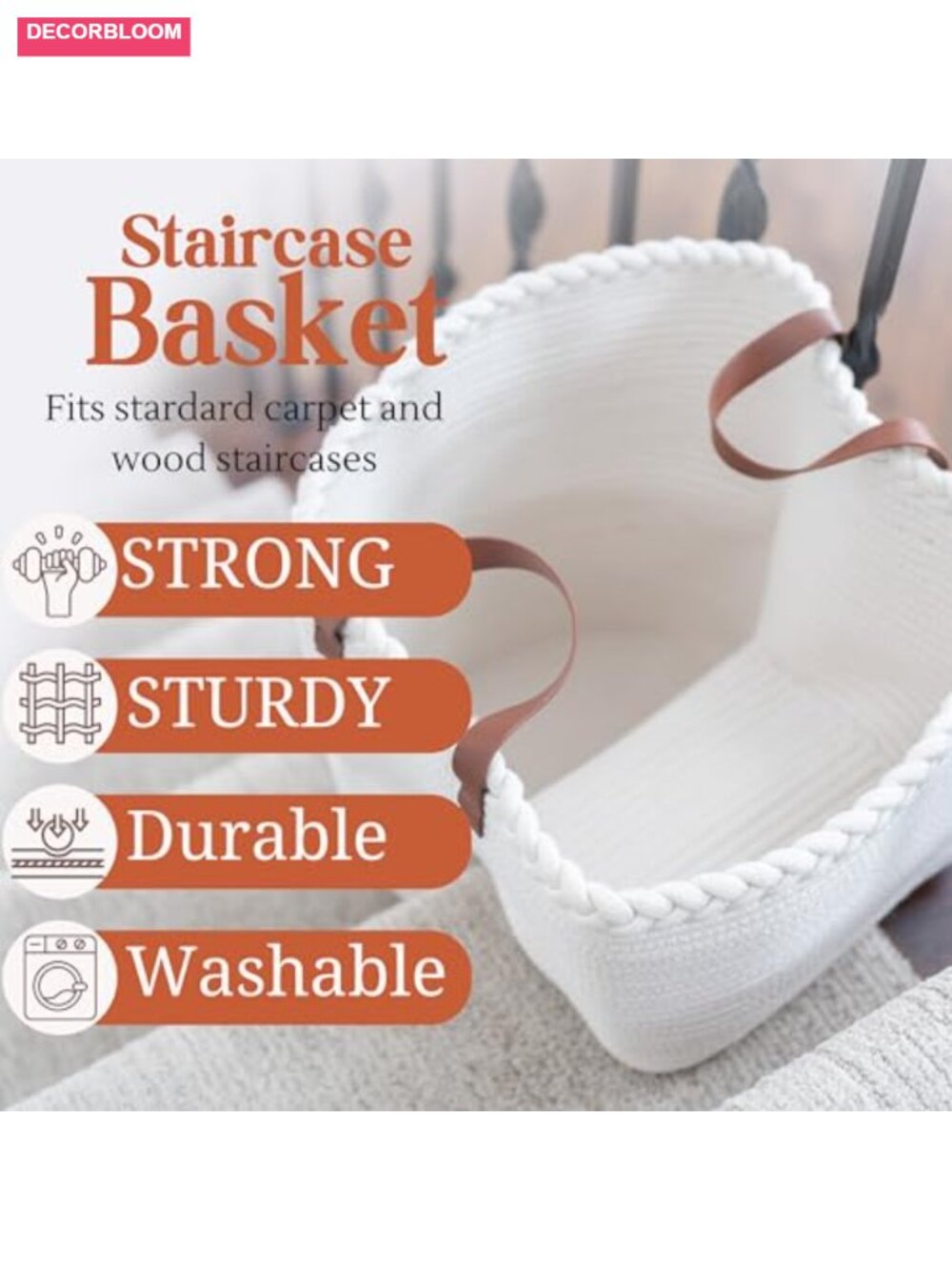 Stair Basket Cotton Rope Storage Laundry Organizer with Handles - Picture 2 of 6